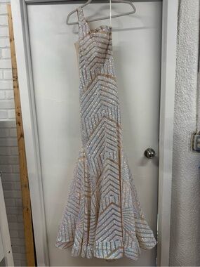 Jovani Champagne Sequin One-Shoulder Mermaid Gown
